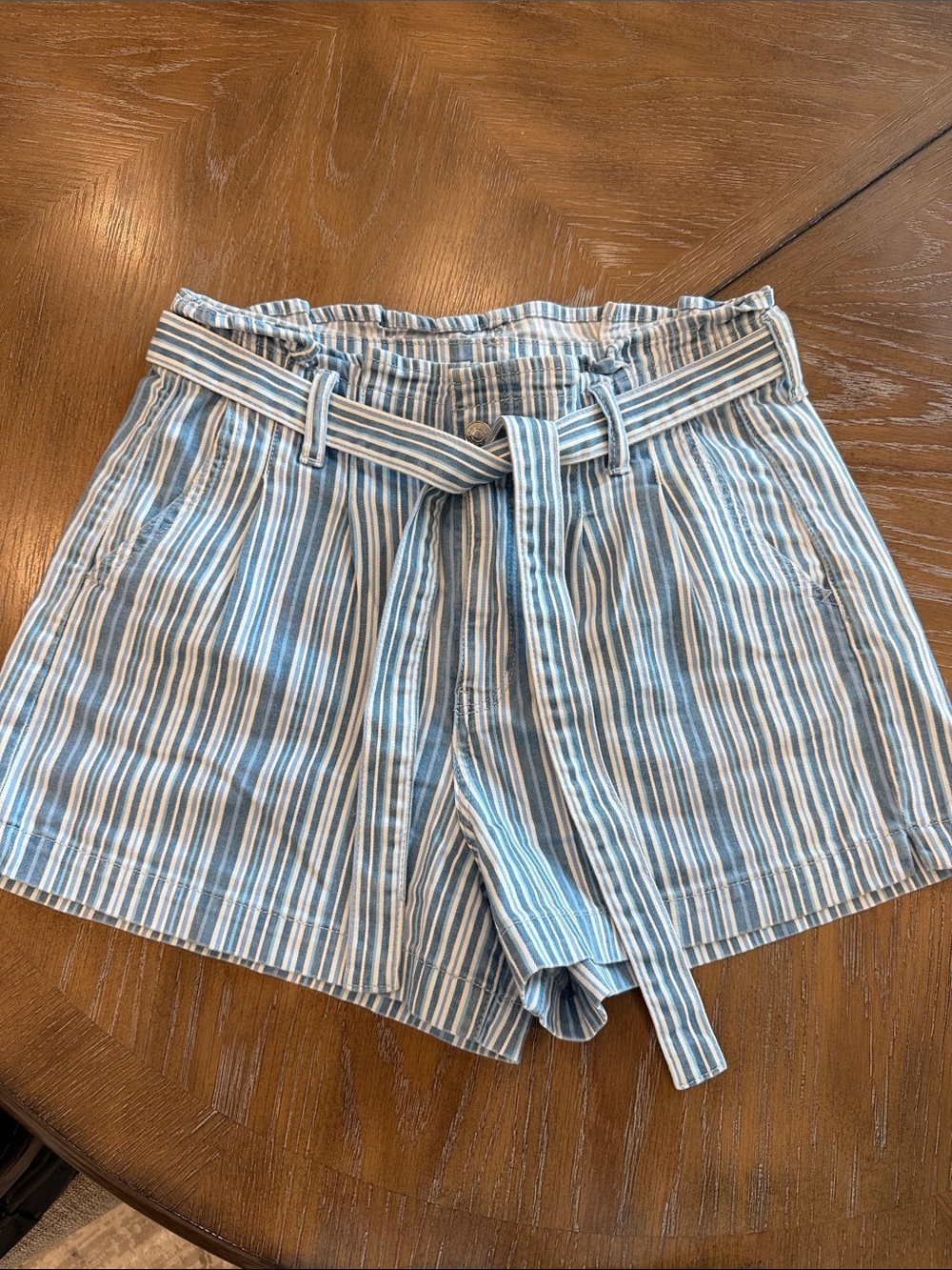 American Eagle Outfitters Blue and White Striped High-Waist Tie-Front Shorts
